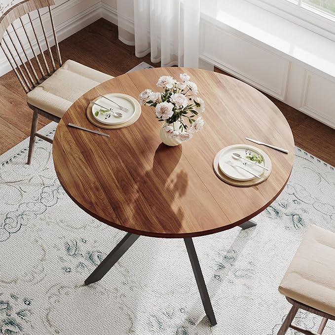 ChooChoo Round Dining Table for 2, Farmhouse Wood Kitchen Table, Circle Dinner Table for Kitchen & Dining Room, Small Space, 31.5In, Walnut