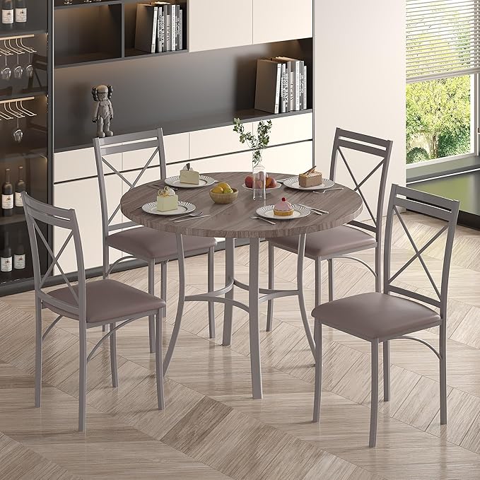 VECELO 36" Round Dining Table for 4, Wood Grain Dinette with Metal Frame for Kitchen, Apartment, Home, Space-Saving, Elegant Grey