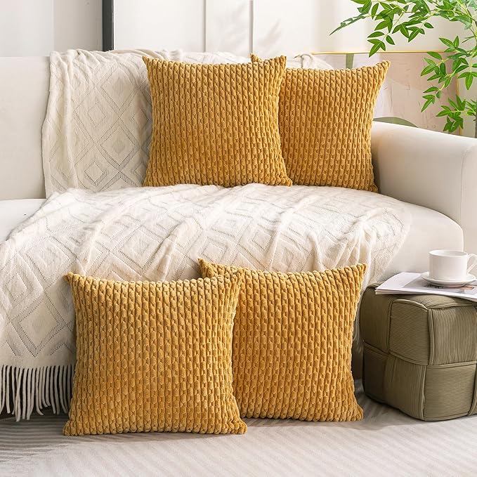 Set of 4 Mustard Yellow Decorative Throw Pillow Covers 18x18 Inch Corduroy Pillow Covers for Bed Couch Sofa Living Room Soft Square Cushion Cases