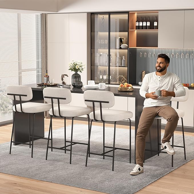 Counter Height Bar Stools Set of 3, 26" White Fabric Kitchen Counter Stools with Backs, Metal Legs, Footrest and Wide Seat, Bar Chairs for Kitchen Island