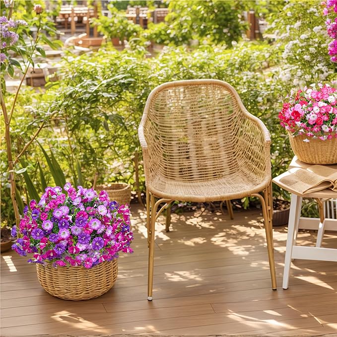 Artificial Flowers for Outdoor, Fake Flowers Faux Plants for Outside Indoor, 4PCS Summer Decor, Morning Glory Petunia UV Resistant, for Garden Porch Window Box Home Planters (Dark&Light Purple Bulk)