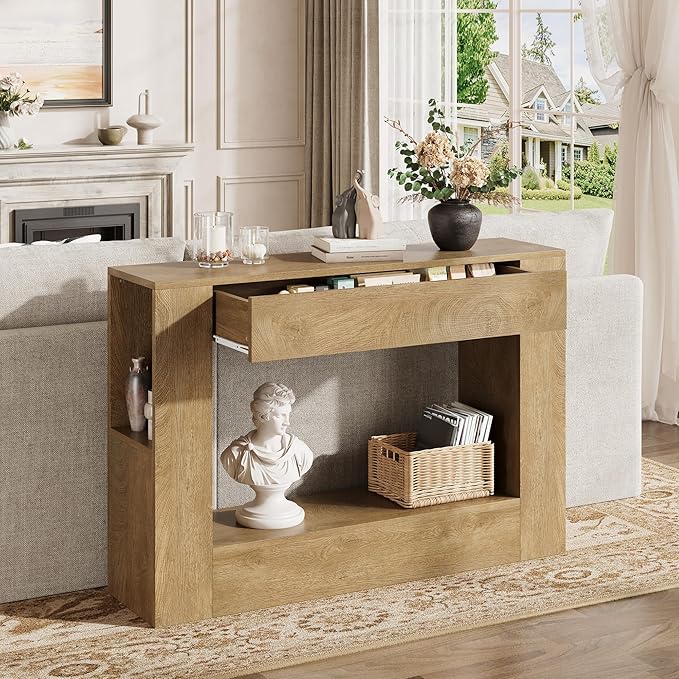 Farmhouse Console Table with Drawer, 47'' Wood Entryway Table with Storage Shelves, Narrow Sofa Table Behind Couch for Living Room, Hallway, Foyer (Natural)