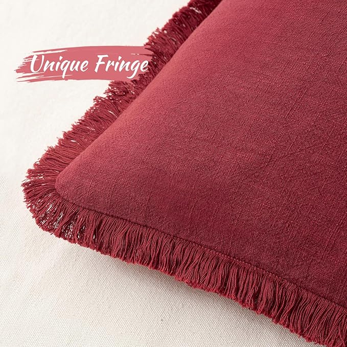 MIULEE Linen Pillow Covers 18x18 Inch Decorative Throw Pillows with Fringe Pack of 4 Soft Farmhouse Boho Couch Pillows Home Decors for Sofa Cushion Living Room Bed Dark Green and Burgundy