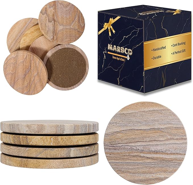 Sandstone Water Absorbent Hand Crafted Round Coasters for Drinks - 4 Inches Wide Thirsty Stone Bar/Drink Coasters- Made from Rainbow Sandstone (Set of 4 Without Holder)