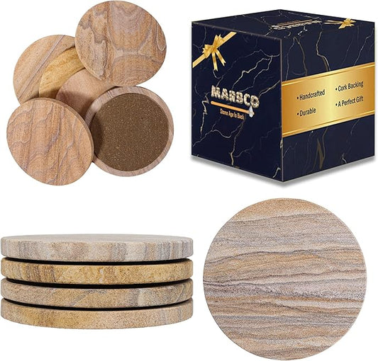 Sandstone Water Absorbent Hand Crafted Round Coasters for Drinks - 4 Inches Wide Thirsty Stone Bar/Drink Coasters- Made from Rainbow Sandstone (Set of 4 Without Holder)
