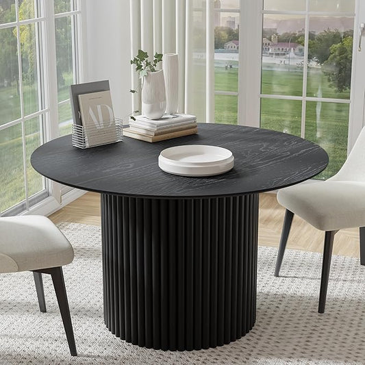 Casaphoria 46" Round Dining Table, Modern Kitchen Table for 4-6, Farmhouse Style with Undercut Edge Top & Concave Cylinder Legs, Easy Assembly for Living Room, Kitchen, Bar, Black