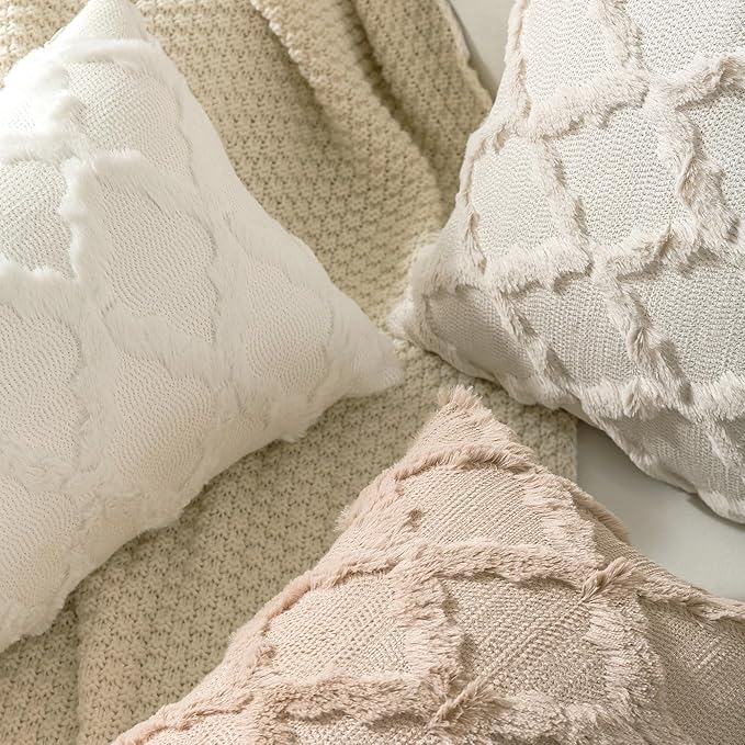 Set of 2 Soft Moroccan Throw Pillow Covers 16x16 Inch Plush Boho Decorative Pillow Cover Accent Cushion Case for Couch Sofa Bed, Cream White