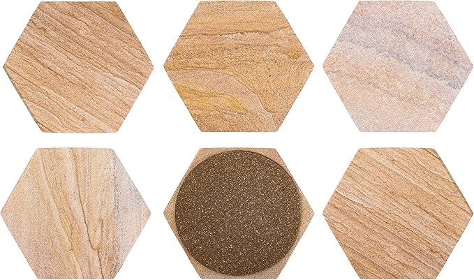 Sandstone Water Absorbent Hand Crafted Hexagon Coasters for Drinks - 4 Inches Wide Thirsty Stone Bar/Drink Coasters- Made from Rainbow Sandstone (Set of 6 with Holder)