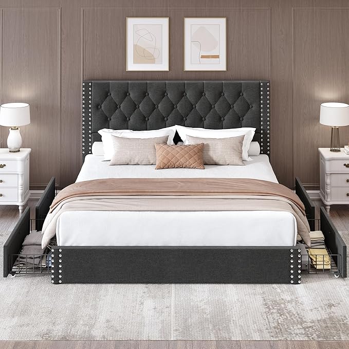 LARMACE King Size Bed Frame with 4 Storage Drawers and Tufted Headboard Linen Upholstered Platform Bed Frame with Heavy Duty Wood Slats, No Box Spring Needed, Easy Assembly, Grey