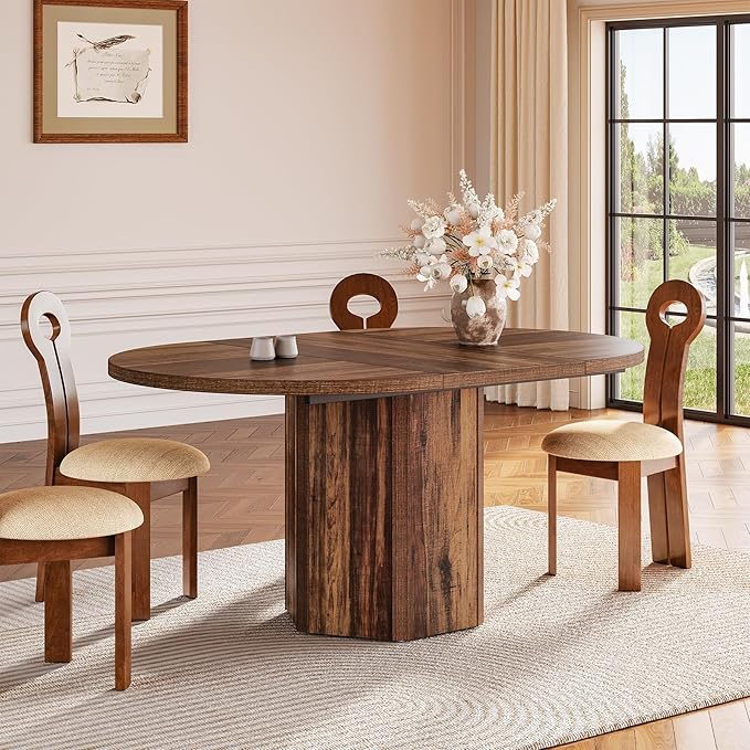 LITTLE TREE 55-Inch Rustic Oval Dining Table for 6, Wood Kitchen Table, Country Chic Furniture for Kitchen, Dining Room & Living Room Wooden Base, Brown Finish