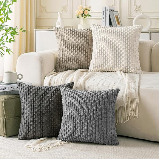 Set of 4 Grey White Taupe Decorative Throw Pillow Covers 20x20 Inch Corduroy Pillow Covers for Bed Couch Sofa Living Room Soft Square Cushion Cases