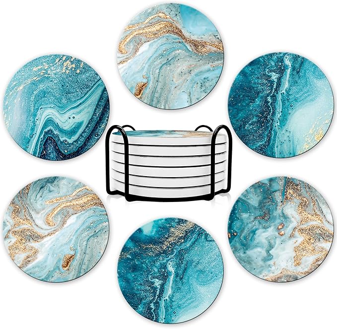 Dooke Coasters for Drinks, Round Absorbent Ceramic Stone Coasters Set of 6 with Cork Base,Funny Coaster with Holder for Cold Drinks Wine Mugs and Cups Tabletop Protection, 4 Inches,Teal Marble
