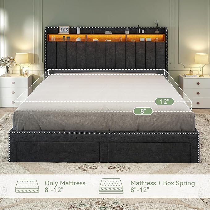 Torana Queen LED Bed Frame with 2 Drawers, Linen Upholstered Storage Wingback Headboard Beds, Channel Tufted Platform Bedframe with Rivet Decor, No Box Spring Needed, Dark Grey