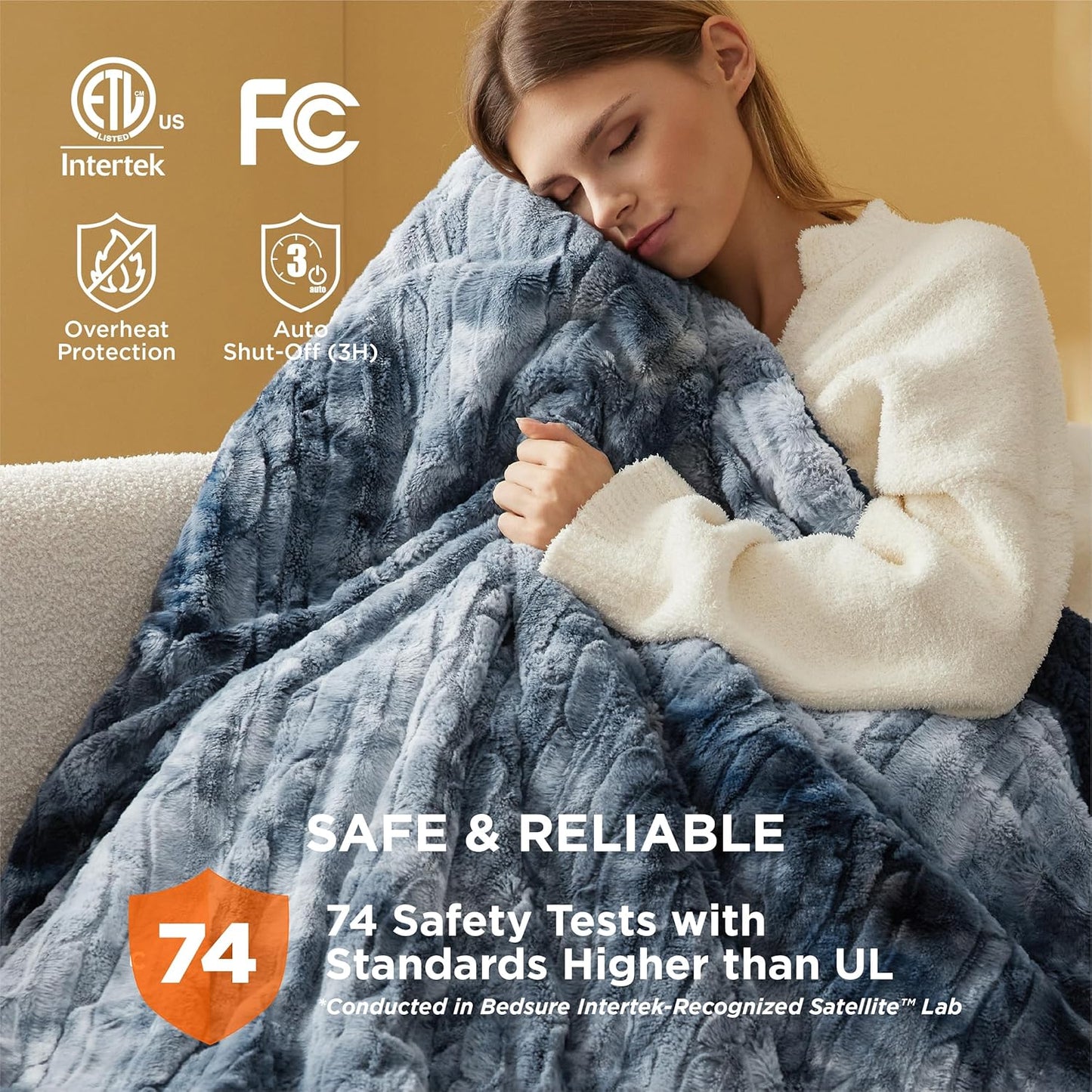 Bedsure Heated Blanket Electric Throw - Faux Fur Sherpa, Fast Heating Electric Blanket with 6 Heating Levels & 4 Time Settings, 3 Hours Auto-Off (50x60 inches, Navy)