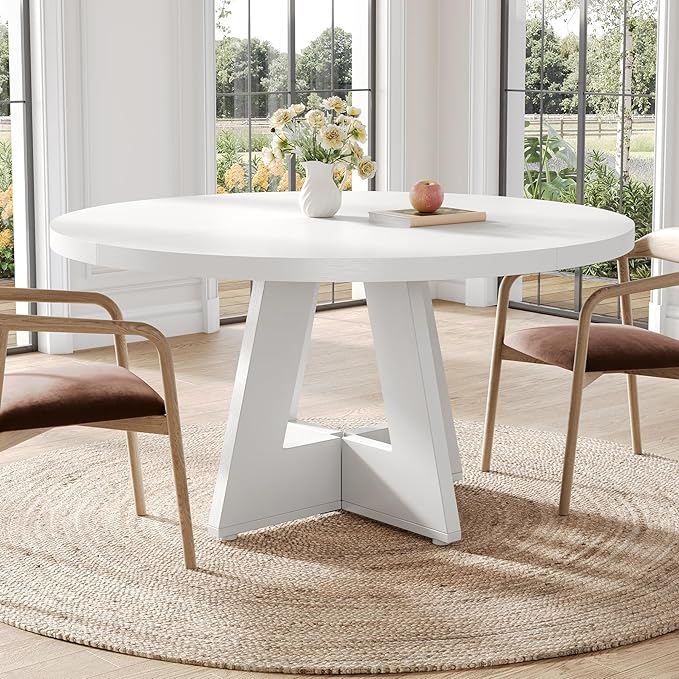 LITTLE TREE Round Dining Table for 4-6 People, 47 Inches White Circle Dinner Kitchen Dining Room Table with Wooden Pedestal Base for Kitchen, Living Room