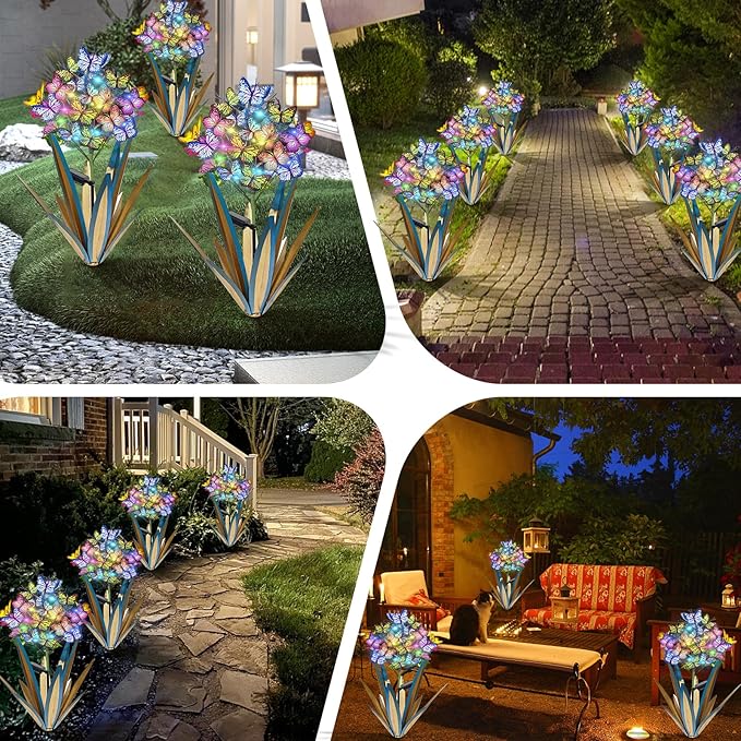 Homight Solar Metal Agave Butterfly Flower Stick Garden Sculpture - Outdoor Christmas Lights With Swaying Butterfly Sunflower - Solar Outdoor Gift (3 PCS Blue)