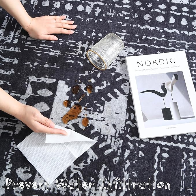 Area Rugs 8x10 Rug for Living Room Clearance Washable Boho Area Rug Non Slip Moroccan Vintage Low Pile Large Rug for Living Room, Bedroom, Farmhouse, Dining Room, Kids Playroom(Black)