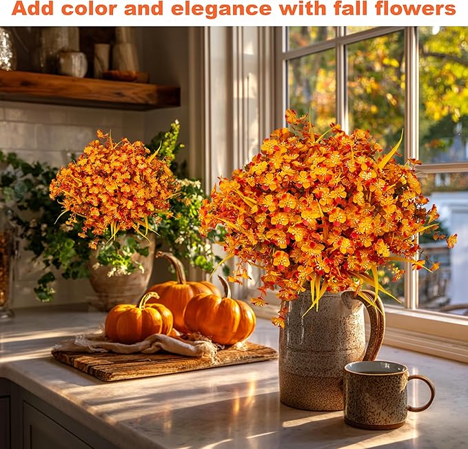 Artificial Mums for Outdoor Fall Flowers - Fake Plants UV Resistant No Fade Faux Plastic Home Decor Garden Porch Patio (1, OrangeMixed)