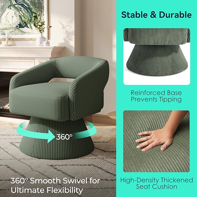 LINSY Swivel Barrel Chair, 360° Modern Swivel Accent Chair with Arms, Boucle Swivel Chair Green Corduroy Chairs for Bedroom Living Room Small Spaces