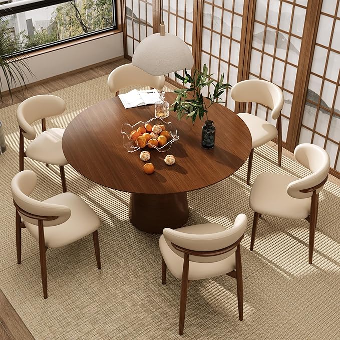 Kitchen Dining Chairs Set of 6 Modern Upholstered Leather Farmhouse Dining Room Chair with Metal Legs, Walnut/Khaki