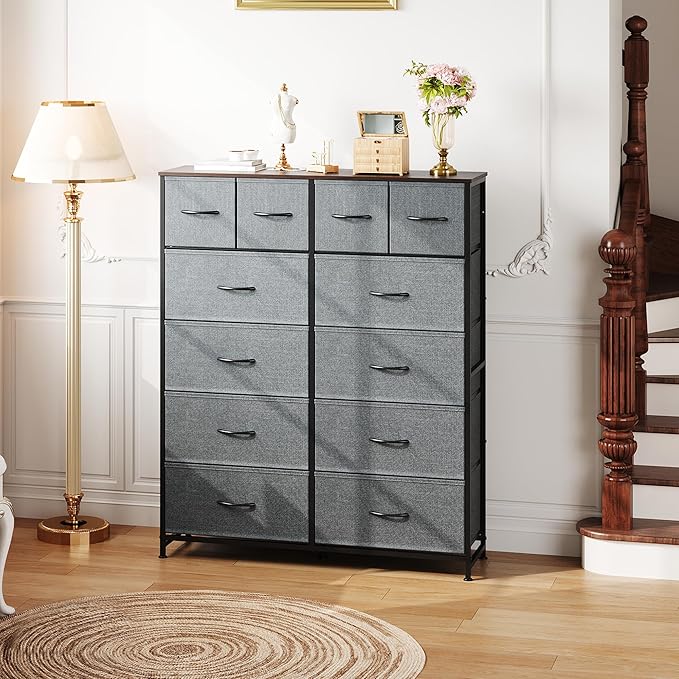 WLIVE Storage Organizer Unit with 12 Fabric Bins, Storage Drawers Organizer with Steel Frame, Tall Storage Tower Organizaton for Living Room, Hallway, Office, Dark Grey