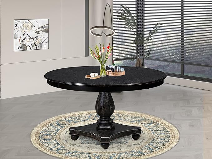F52-11-TP - Dining Room Table with Acacia Wood Round Tabletop, Sand Blasted Black Finish