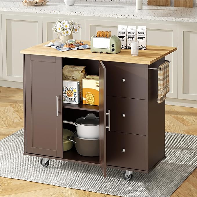 Shintenchi Kitchen Island with Folding Drop Leaf, Rolling Island Table with Storage, Kitchen Cabinet on Wheels with Seating Area for Kitchen, Bar Cart with Cabinet, Brown