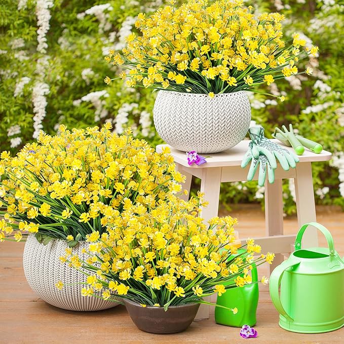 AmyHomie 20 Bundles Artificial Flowers for Outdoor UV Resistant Faux Flowers No Fade Fake Plastic Plants Garden Porch Window Box Decorating(Bright Yellow)