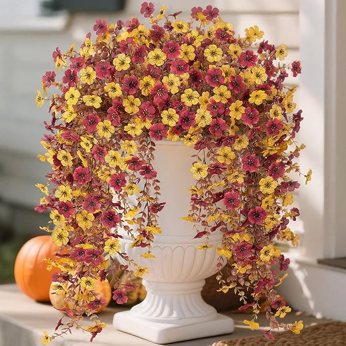 Fall Flowers Artificial for Decoration,Artificial Flowers for Outdoors,Autumn Fake Plants Home Decor Thanksgiving Realistic Silk Daisy,Fall Leaves UV Resistant Garden Courtyard Patio (Yellow Brown)