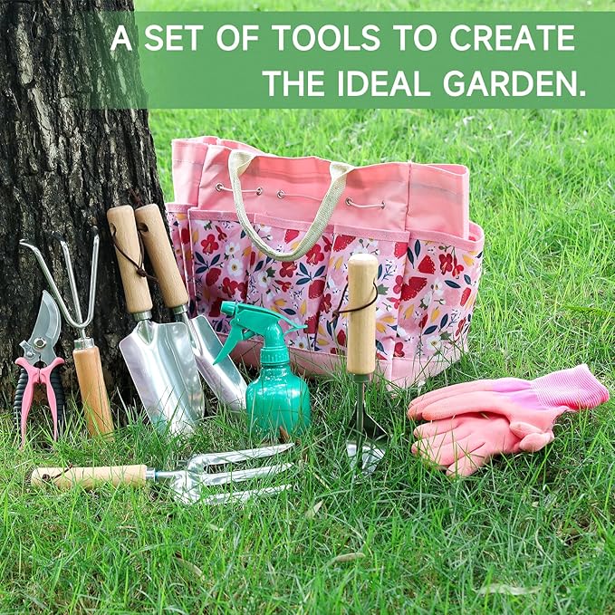 9-Piece Gardening Tools Set - Complete Gardening Kit with Heavy-Duty Stainless Hand Tools, Durable Storage Bag with Garden Accessories, Ideal Gardening Gifts for Women, Men, Gardeners - Pink