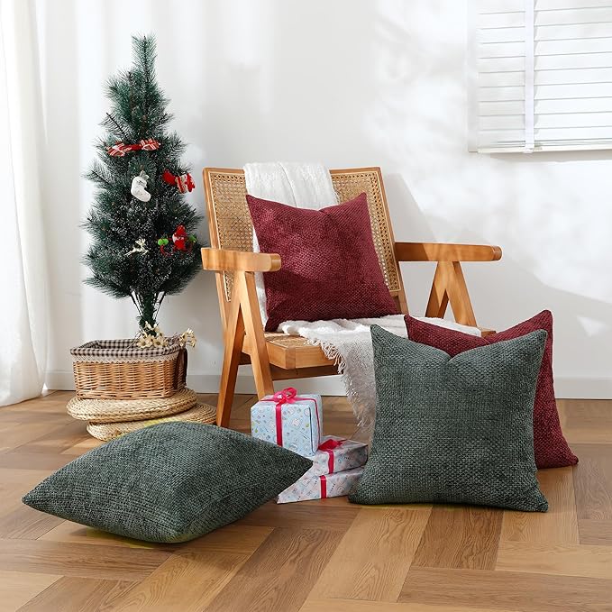 Stellhome 4 Packs Christmas Decorative Throw Pillow Covers Chenille Woven Textured Luxury Accent Cushion Cases for Living Room Couch Bed Sofa Farmhouse Boho Home, 16x16 inch, Hunter Green and Wine Red