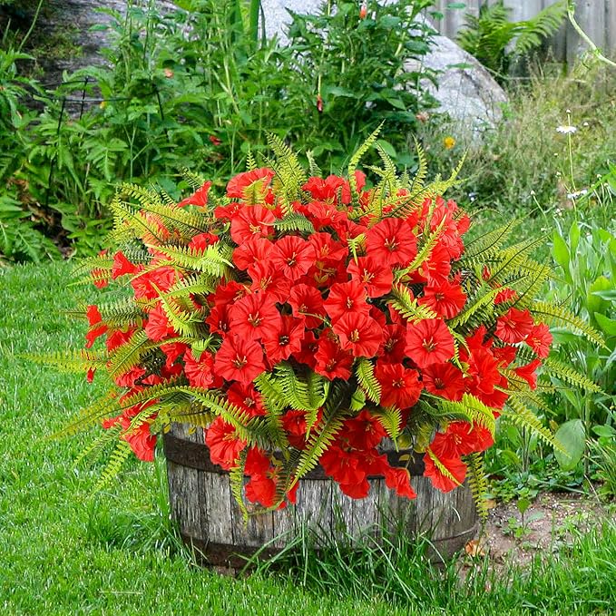 Artificial Flowers Outdoors 12 Bundles Artificial Petunias Fake Flowers UV Resistant Shrubs Plants with Fern for Indoor Outside Hanging Planters Home Garden Summer Decorations (Red)