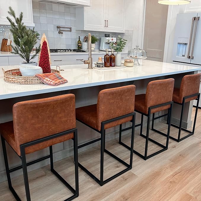 ALPHA HOME 24” Bar Stools Set of 1 Counter Height Bar Stool Pu Leather Kitchen Modern Bar Stools with Backrest Upholstered Footrest Sturdy Chromed Metal Steel Frame,Brown
