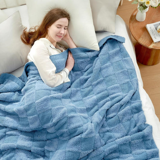 Snuggle Sac Faux Fur Checkered Blanket Twin Size with Soft Knitted Microfiber Fabric,Cozy Soft Warm Blanket for Sofa Bedroom Living Room,Solid Blue,60x80 inches