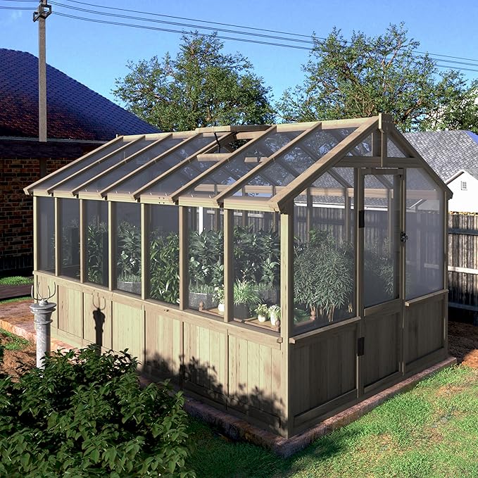 BlueWish 8x14FT Greenhouse, Greenhouses kit with Cedar Frame, Wood Greenhouse with Adjustable Vent, Lockable Door, Green House for Outside, Garden, Backyard,Light Brown Mocha