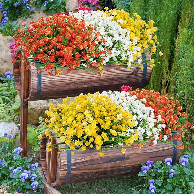 Ouddy Decor 24 Bundles Artificial Fall Flowers for Outdoors Decoration UV Resistant Fake Mums Faux Plastic Plants for Indoor Outdoor Home Garden Porch Autumn Harvest Decor, Orange