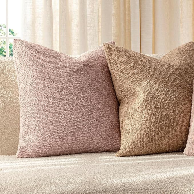 Foindtower Set of 2, Decorative Textured Boucle Throw Pillow Covers Accent Solid Pillow Cases Neutral Soft Cozy Couch Cushion Case for Chair Sofa Bedroom Living Room Home Decor 16 x 16 Inch Light Pink