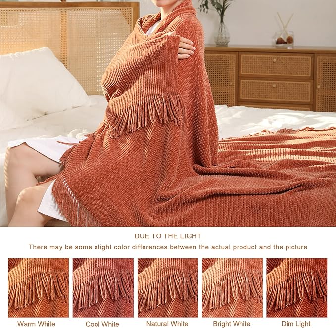 Blagic Knitted Throw Blanket for Couch Soft Farmhouse Boho Throw Blanket with Tassels Home Decorative Lightweight Throw Blankets,Maple Brown Throws for Bed/Chair/Sofa, Stripe Textured,50" W x 60" L