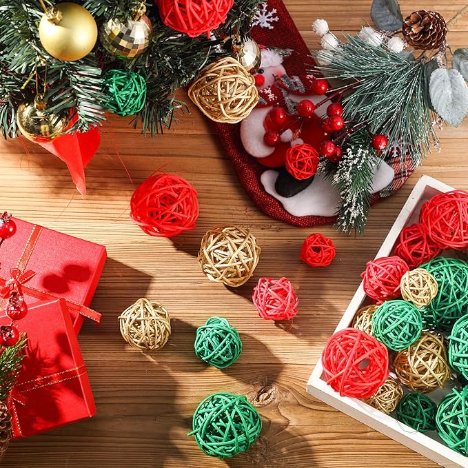 Patelai 36 Pcs Wicker Rattan Balls Decorative Balls for Vase Centerpiece Bowls Orbs Filler for Home Decor,4 Sizes(Red, Green, Gold)