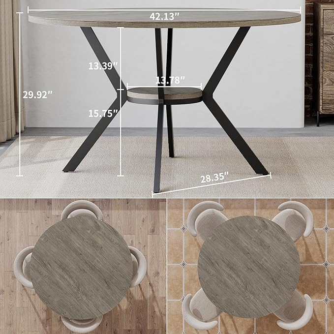 Round Dinner Table for 4, 42 Inch Kitchen & Dining Room Table with Storage, Wooden Circle Dining Table, Mid Century Modern Dining Table with Metal Legs for Kitchen, Living Room, Dining Room, Grey