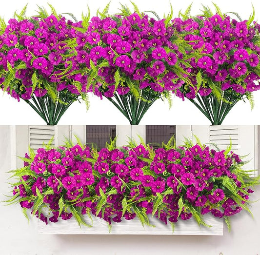 Artificial Flowers Outdoors 12 Bundles Artificial Petunias Fake Flowers UV Resistant Shrubs Plants with Fern for Indoor Outside Hanging Planters Home Garden Summer Decorations (Magenta)