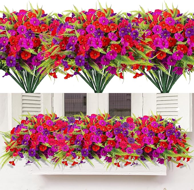 Artificial Flowers Outdoors 12 Bundles Artificial Petunias Fake Flowers UV Resistant Shrubs Plants with Fern for Indoor Outside Hanging Planters Home Garden Summer Decorations