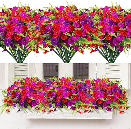 Artificial Flowers Outdoors 12 Bundles Artificial Petunias Fake Flowers UV Resistant Shrubs Plants with Fern for Indoor Outside Hanging Planters Home Garden Summer Decorations