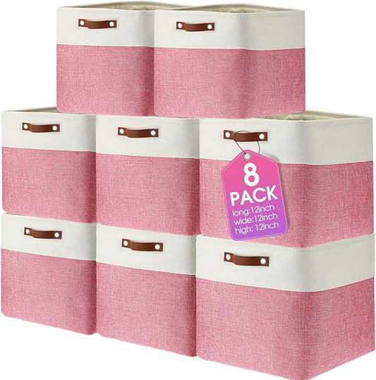Uiifan 8 Pack 12 x 12 x 12 Inch Large Storage Baskets Collapsible Fabric Storage Cubes Bins with Handles for Shelves Closets Nursery Home Clothes Toys Organizers, Pink