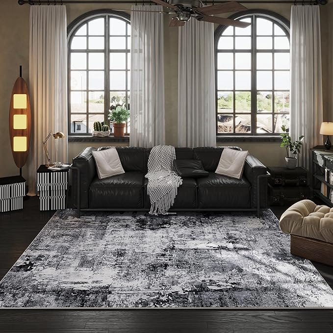 6x9 Rug Washable Bedroom Rug Large Soft Area Rug Abstract Pattern Non-Slip Faux Wool Vintage Rug for Living Room, Farmhouse, Dining Room, Kids Playroom, Grey and Black