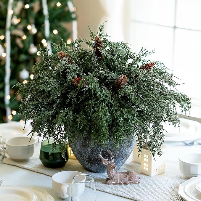 Cedar Stems Artificial Norfolk Pine Branches for Christmas Decor, 12 PCS Fake Pine Stems with 5 PCS Big Pine Cones Branches Realistic Fake Plants Faux Greenery for Vases DIY Garland Xmas Table Indoor