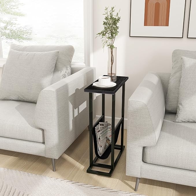 Narrow Side Table with PU Leather Magazine Holder Rustic Slim Little Thin Table for Living Room, Bedroom, Sofa, Black