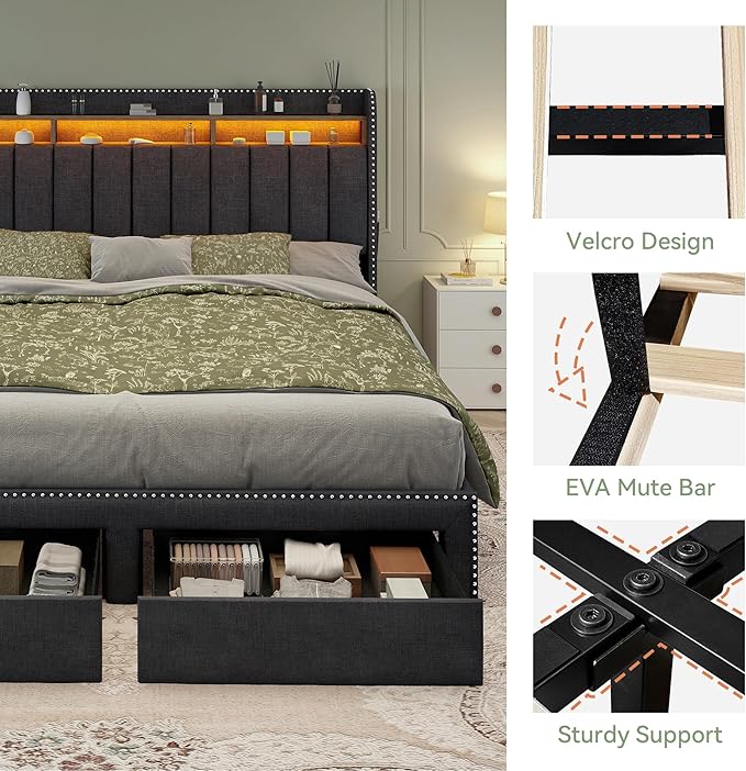 Torana King LED Bed Frame with 2 Drawers, Linen Upholstered Storage Wingback Headboard Beds, Channel Tufted Platform Bedframe with Rivet Decor, No Box Spring Needed, Dark Grey