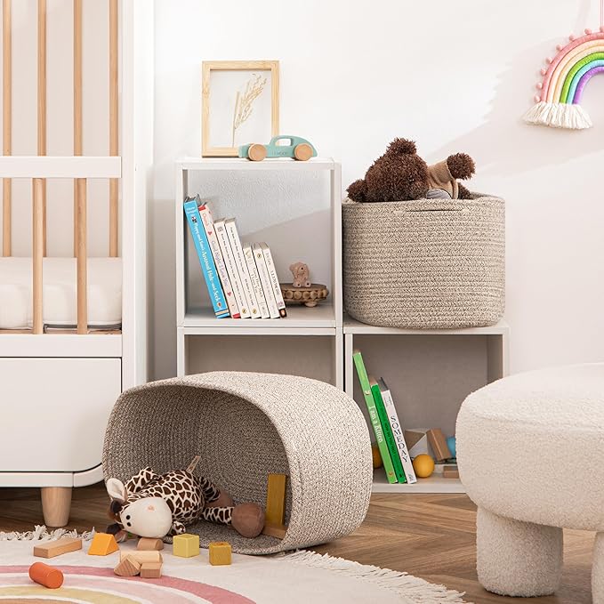 UBBCARE 3-Pack Woven Rope Shelf Baskets - 15x10x9in Decorative Storage Basket for Toys, Kids Playroom, Closet Organization & Cube Storage Organizer | Gift Basket Empty, Light Brown