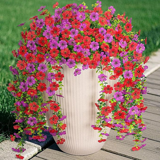 Artificial Fake Hanging Plants Flowers for Spring Outdoor Outside Decor, Faux Mums Silk Realistic Flower, 2 Pcs UV Resistant Look Real Plastic Decorations for Porch Home Patio Balcony Yard